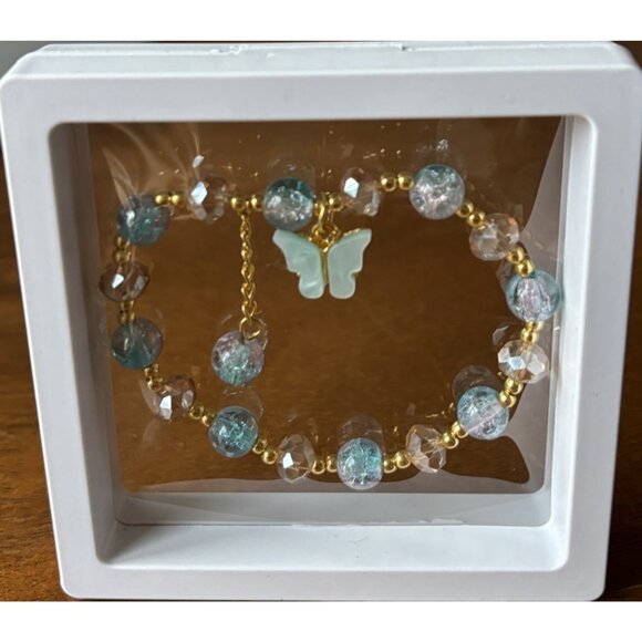 Blue & Gold Beaded Stretch Bracelet Butterfly Charm in 3D Floating Display Case - Picture 2 of 6